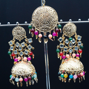Ivaan -White Kundan/ Multicolour Beads Earring Tikka Set - Gold